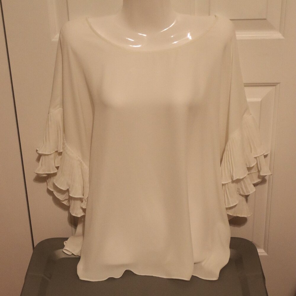 C est 1946 White Round Neck Ruffle Sleeve Blouse Lightweight Size XL